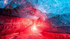 ice cave nature colorful Men cyan red lights bright