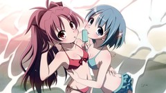 Ice cream red eyes Beaches blue hair anime girls blue eyes 