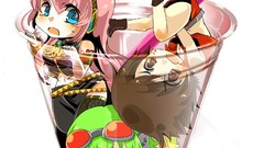 Ice cream white background Chibi red eyes pink hair long hair 