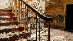 Interior abandoned dual screen buildings doors stairways 