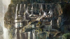 Islands paintings waterfalls fantasy art towns