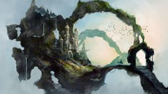 Islands waterfalls Bridges Castles skies fantasy art towns