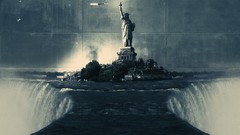 Islands waterfalls Statue of Liberty monochrome surreal artwork 