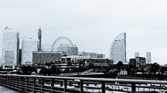 Japan buildings cityscapes yokohama grayscale skylines ferris 