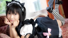 Japanese maids models pigtails animal ears striped legwear 