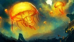 Jellyfish lanterns surreal rooftops artwork