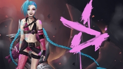 Jinx (League of Legends) video games fantasy art blue hair pink