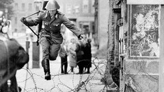 Jump black and white soldiers street barbed wire monochrome 