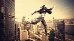 Jump surrealism Men Skyscrapers cities skies surreal unreal 