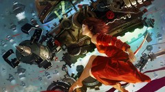 Jump woman Technology red dress redheads artwork futuristic