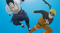 Jumping uchiha sasuke uzumaki naruto naruto shippuden blue skies