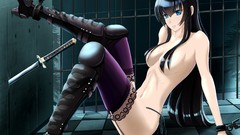Katana Anime chains stockings long hair anime girls blue eyes 