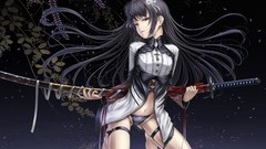 Katana anime girls black hair purple eyes panties original 