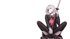 Katana Anime white background white hair red eyes sitting 