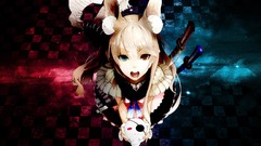 Katana Anime white hair red eyes Swords skulls anime girls blue 