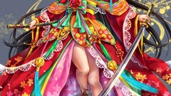 Katana dress Jewelry rings Swords earrings multicolor long hair 