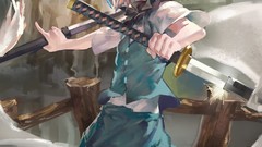 Katana dress white hair Swords anime girls blue eyes short hair 