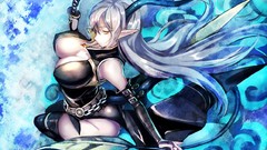 Katana horns gloves long hair cleavage thigh highs