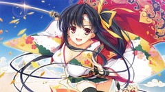 Katana Japanese red eyes kimono smiling long hair anime girls 