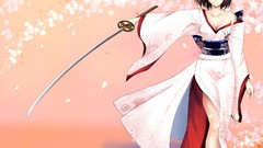 Katana kimono brown eyes short hair cherry blossoms kara no 