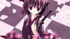 Katana kimono Swords anime girls brunettes flower petals tinkle 