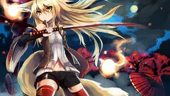 Katana navel Shorts blondes long hair anime girls green eyes 