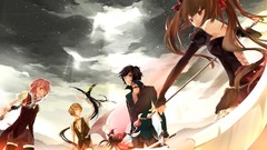 Katana pink hair brunettes short hair skies twintails