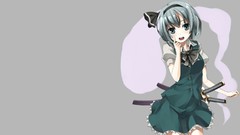 Katana Ribbons stockings skirts blush anime girls blue eyes 