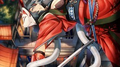 Katana snakes Swords masks black hair perspective cleavage 