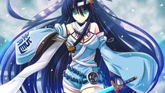 Katana Swords blue hair long hair anime girls blue eyes 