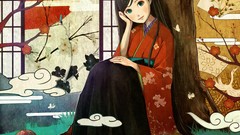 Kimono anime girls green eyes Japanese clothes