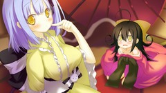 Kimono blush anime girls short hair yellow eyes purple hair 