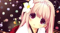 Kimono blush big eyes pink hair blue eyes bangs flower in hair 