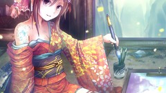 Kimono bows anime girls brown eyes brunettes hair ornaments 