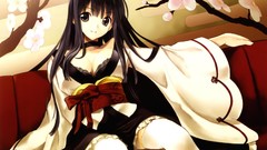 Kimono long hair anime girls cherry blossoms Japanese clothes