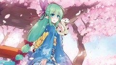 Kimono long hair blue eyes braids green hair Japanese clothes