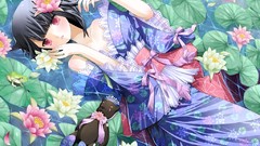 Kimono pink eyes anime girls black hair Japanese clothes