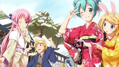 Kimono pink hair hatsune miku vocaloid wink kagamine len 