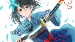 Kimono Swords blue eyes flower petals black hair flower in hair