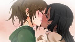 Kissing blush long hair anime girls closed eyes brunettes black 