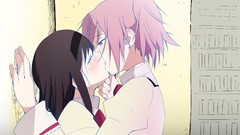 Kissing blush pink hair mahou shoujo madoka magica black hair 