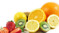 Kiwi white background strawberries lemons fruits multicolor