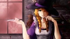 Knives sitting skulls blondes anime girls green eyes witches 