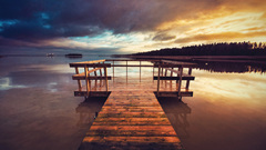 Lake pier clouds sunset nature water sunlight