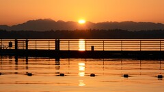 Lake sunset hills silhouette platform landscape