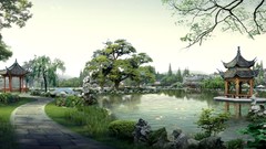 Lakes artwork digital art Japanese architecture realistic
