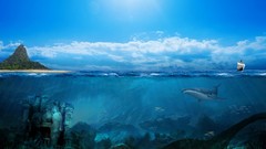 Land fish ships underwater skies landmark artwork sealife 