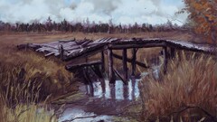 landscape Bridge artwork Wood water painting
