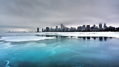landscape cityscape blue Chicago Lake USA ice snow City cyan