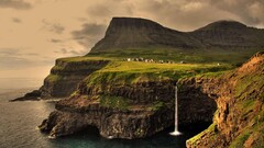 landscape cliff waterfall sea village nature faroe islands Sea